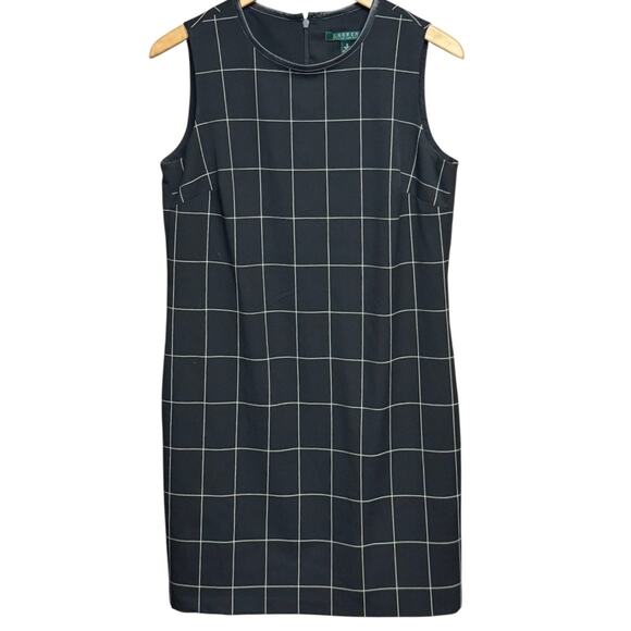 Lauren Ralph Lauren Leather Trim Dress Size 6 Windowpane Plaid Black Sheath - Picture 5 of 8